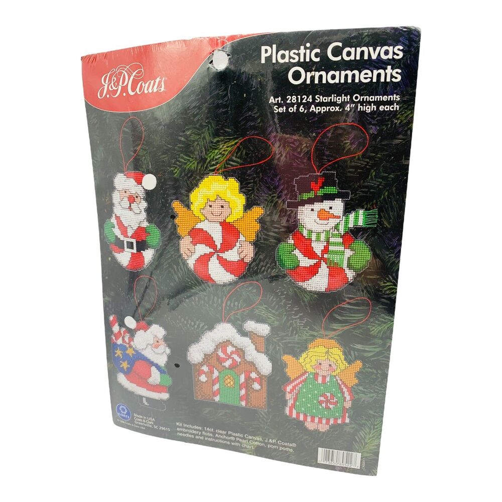 J&P Coats Plastic Canvas Craft Kit Starlight Christmas Ornaments 4" Set of Six